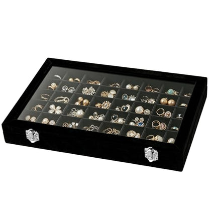 Velvet Jewelry Tray 48 Compartments Jewelry Box Display Organizer with Transparent Cover Earrings, Rings,Necklaces, Pendants Storage Box for Girls, Women,Wife, Mother (48Grid-Black) - color: 48Grid-Black