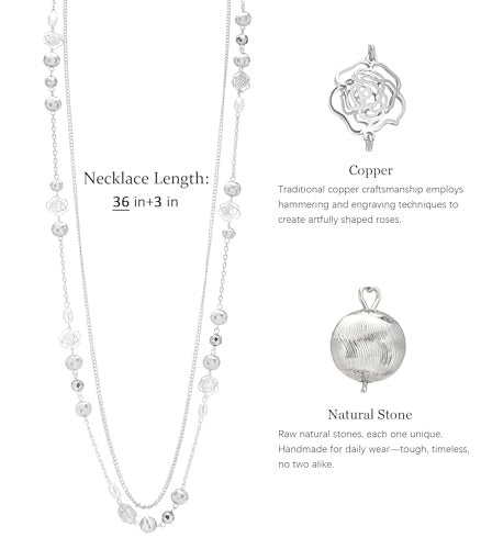 FULU AUTUMN Long Layered Silver Necklaces for Women - Natural Stone and Dainty Flower Beaded Sweater Chain Fashion Jewelry Gifts - color: Silver