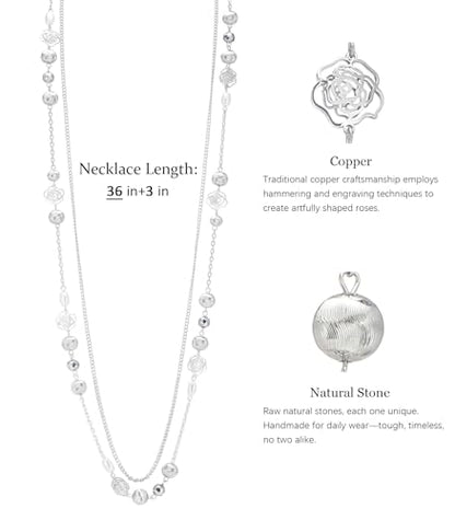 FULU AUTUMN Long Layered Silver Necklaces for Women - Natural Stone and Dainty Flower Beaded Sweater Chain Fashion Jewelry Gifts - color: Silver