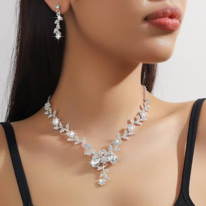 CSIYANJRY99 Silver Prom Jewelry Set Gold Wedding Jewelry Sets for Brides Necklace and Earring Bracelet Rhinestone Prom Party Costume Accessorie - color: A-Silver