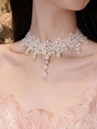 Lace Choker Necklace for Women Tassel Pendant Choker Necklaces Elegant Boho Collar Necklaces Statement Artistic Chain Necklace with Pearl Halloween Party Cosplay Costume Jewelry - color: White Lace Pearl-6