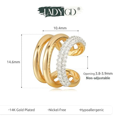 Sparkle Ear Cuff for Women, Non Piercing Single | 14K Gold Plated Brass, Clear Cubic Zirconia Accents, Fixed 3.8-3.9 mm Opening, Single Non-Piercing Cuff For Ear Stacks - style: Sparkle Split Trio