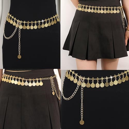 Women Waist Chain Gold Coin Belt Body Chain Metal Link Multilayer Pendant Waist Belt for Prom Party Festival