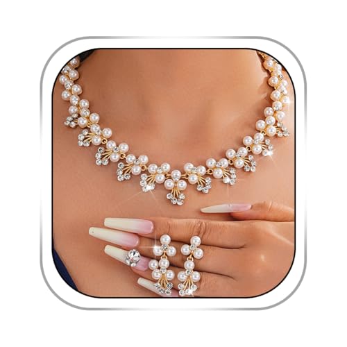 Gangel Pearl Necklace and Dangle Earrings Rhinestone Necklace Earring Set Faux Pearl Choker Necklace Wedding Bridal Jewelry Crystal Necklaces for Women