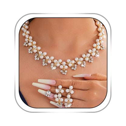 Gangel Pearl Necklace and Dangle Earrings Rhinestone Necklace Earring Set Faux Pearl Choker Necklace Wedding Bridal Jewelry Crystal Necklaces for Women