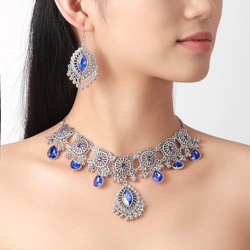 Frodete Indian Jewelry Sets for Women Traditional Bohemian Wedding Jewelry Set Indian Dresses for Women Oxidized Ethnic Party Prom Wear - color: D3:SILVER BLUE