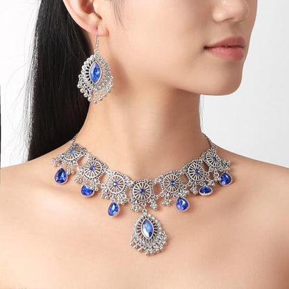 Frodete Indian Jewelry Sets for Women Traditional Bohemian Wedding Jewelry Set Indian Dresses for Women Oxidized Ethnic Party Prom Wear - color: D3:SILVER BLUE