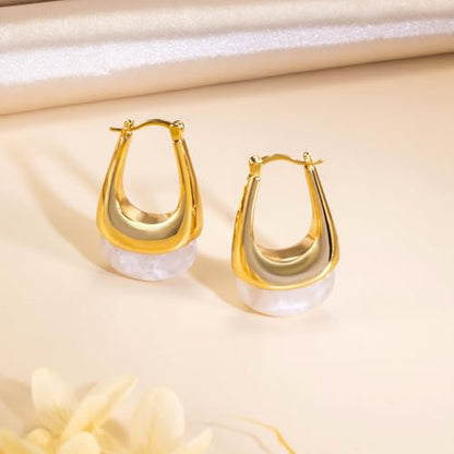 LAXPICOL Gold Chunky Dangle Earrings For Women Resin Stone Earrings Hoop Earrings, 18k Plated Oval Resin Stone Statement Earrings for Women Unique Dangling Teardrop Baroque Huggies Hoop Earrings - color: white-Teardrop 1