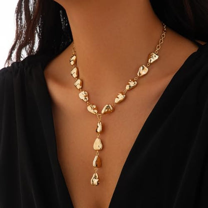 ZMANYIJEW Y-Shaped Collarbone Necklaces Irregular Baroque Metal Lava Necklace Simple Gold&Silver Plated Fashion Irregular Geometric Necklace for Women - color: gold