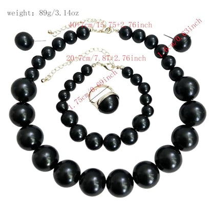 White Faux Pearl Necklace and Earrings Set Big Large Pearl Bead Ball Beaded Choker Necklace Black Pink Pearls Statement Bracelet Ring for Women - color: black