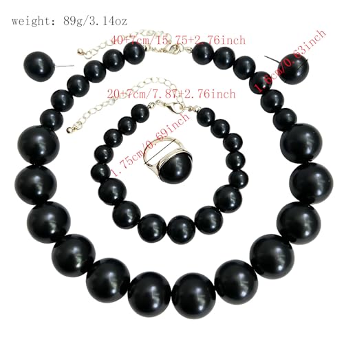 White Faux Pearl Necklace and Earrings Set Big Large Pearl Bead Ball Beaded Choker Necklace Black Pink Pearls Statement Bracelet Ring for Women - color: blue
