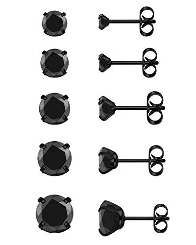 Top Plaza Stainless Steel Stud Earrings, CZ Earring Set for Women Men | Hypoallergenic Stud Earrings Round Cubic Zirconia Earrings Set of 5, 3mm-8mm Daily Studs - color: Black