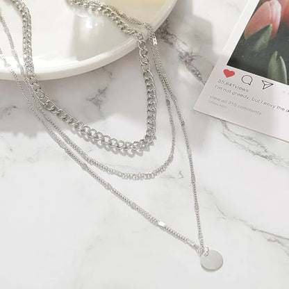 3Pcs Gold Circle Pendant Necklace Set Dainty Layered Stacked Pearls Chain Choker Necklace Trendy Birthday Jewelry Accessory Gift for Women - color: Silver Coin