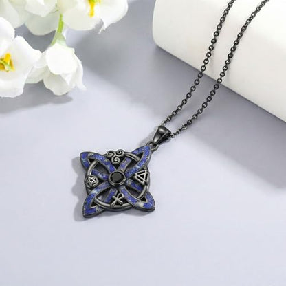 Witch Necklace 925 Sterling Silver Pentagram Triple Moon Pentacle Pendant Wiccan Pagan Jewelry Witchy Gifts for Women - style: Witches Knot-Lapis Lazuli