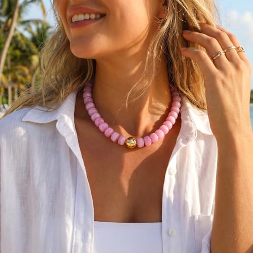 Badu Colorful Chunky Beaded Choker Necklace, Acrylic Colorful Bead Statement Necklaces, Adjustable Summer Beach Jewelry Gift for Women - color: Pink