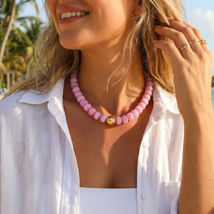 Badu Colorful Chunky Beaded Choker Necklace, Acrylic Colorful Bead Statement Necklaces, Adjustable Summer Beach Jewelry Gift for Women - color: Pink