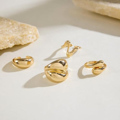 Roe Dolph Chunky Gold Rings for Women Stackable Statement Ring Set | Mixed sculptural shapes and polished surfaces create bold stacking combinations for parties dinners and everyday outfits - color: A2