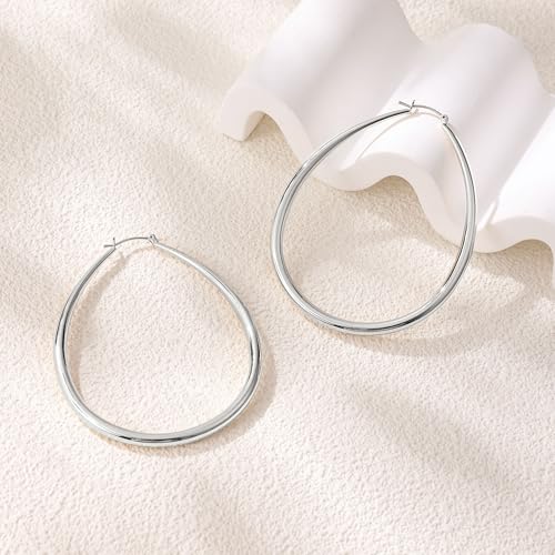 Gacimy Chunky Hoop Earrings for Women, 14K Gold Plated Oval Hoop Earrings with 925 Sterling Silver Post - color: Silver, size: 70mm