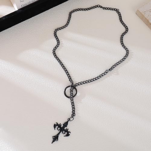 Slip Chain Choker for Women Handmade Black Stainless Steel Cuban Chain Chunky Moon Bat Raven Skull Pendant Gothic Punk Rock Collar Adjustable Lariat Y Necklace for Men - style: Black flame cross
