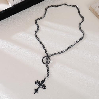 Slip Chain Choker for Women Handmade Black Stainless Steel Cuban Chain Chunky Moon Bat Raven Skull Pendant Gothic Punk Rock Collar Adjustable Lariat Y Necklace for Men - style: Black flame cross
