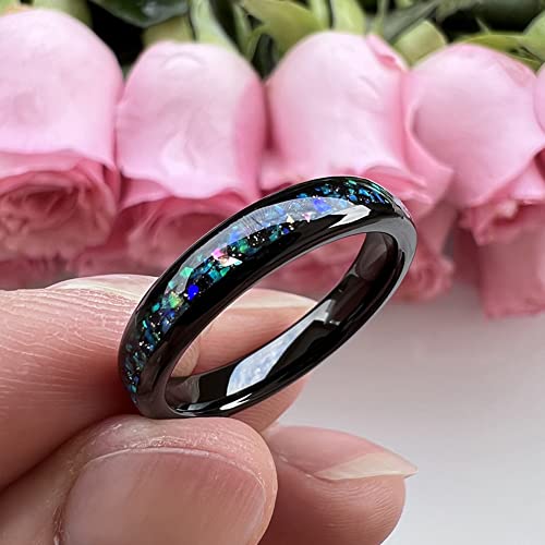 TUTISS 4mm Silver/Black Tungsten Rings for Women Men Engagement Wedding Bands Genuine Blue Green Galaxy Opal Inlay Domed Polished Comfort Fit - color: 4mm Black Tungsten Galaxy Opal