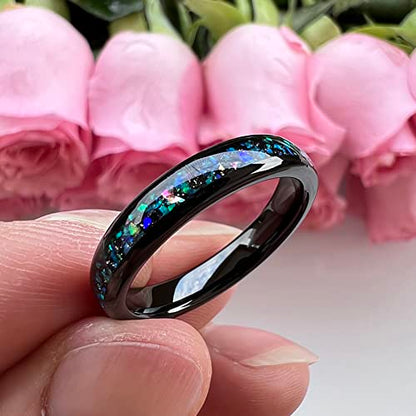TUTISS 4mm Silver/Black Tungsten Rings for Women Men Engagement Wedding Bands Genuine Blue Green Galaxy Opal Inlay Domed Polished Comfort Fit - color: 4mm Black Tungsten Galaxy Opal