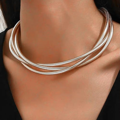 Chunky Gold Statement Choker Neckalce for Women Layered Snakebone Chain Collar Necklace Twist Wrap Stainless Steel Choker Punk Aesthetic Jewelry Gifts - color: Silver