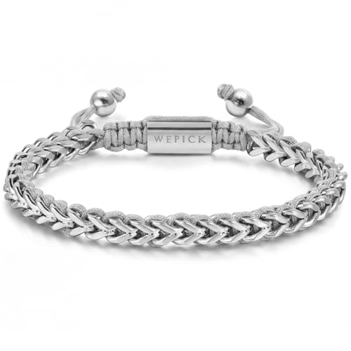 18K Gold-Plated Bracelets for Men Franco Link Chain Adjustable | Stainless Steel Bracelet, Gold Beads Bracelet, Handcrafted Braided, Mens Jewelry Birthday Gift for Men - color: Silver with Grey