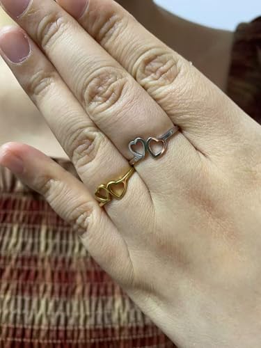 Love Plain Stacking Band Statement Wedding Promise Ring For Women | Stainless Steel, Cute Hollow Heart Design,Waterproof,Tarnish Resistant,Gift For Mother’s Day, Valentine’s Day, Christmas - color: Silver 2 Hearts
