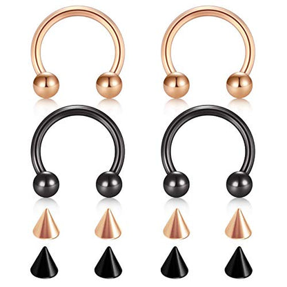 D.Bella 22G 20G 18G 16G 14G 12G 10G 8G 6G 4G 2G 0G 00G Surgical Steel Nose Septum Horseshoe Hoop Eyebrow Lip Navel Belly Nipple Piercing Ring Helix Tragus Daith Rook Captive Earrings Replacement Spikes - color: A8 -4pcs, Rose Gold & black, size: 16g,10mm