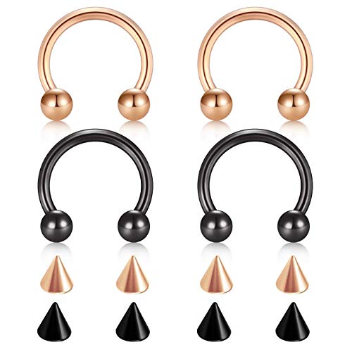 D.Bella 22G 20G 18G 16G 14G 12G 10G 8G 6G 4G 2G 0G 00G Surgical Steel Nose Septum Horseshoe Hoop Eyebrow Lip Navel Belly Nipple Piercing Ring Helix Tragus Daith Rook Captive Earrings Replacement Spikes - color: A8 -4pcs, Rose Gold & black, size: 16g,10mm