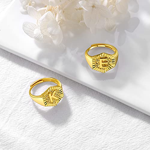 U7 Initial Ring Wedding Band for Men Women 18K Gold Plated Statement Hexagon A-Z Letter Jewelry Personalized Stackable Signet Rings - color: J