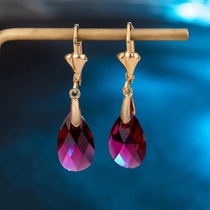Austrian Crystal Teardrop Leverback Dangle Earrings for Women Fashion 14K Gold Plated Hypoallergenic Jewelry - color: Fuchsia