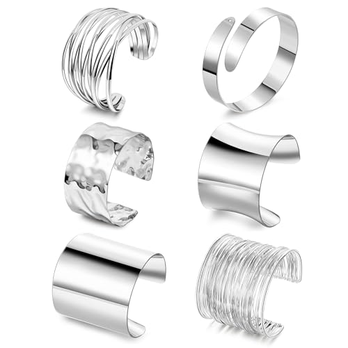 REVOLIA 6Pcs Chunky Cuff Bracelets Set for Women Minimalist Irregular Statement Wrist Cuff Adjustable Hammered Bangles Bracelets Open Wide Wire Arm Cuff Bracelet - color: Silver-B