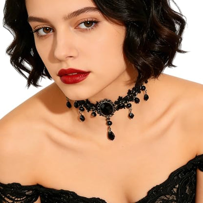 Black Choker for Women, Adjustable Layered Velvet Leather Lace Collar necklace, Goth necklace Gifts - color: Black Crystal