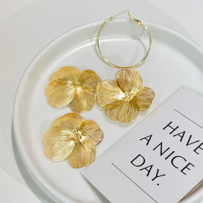 OGD Chunky Gold Statement Earrings For Women Trendy Gold Plated Sectored Flower Leaf Angel Wing Earrings Large Stud Jewlery Hypoallergenic - color: Flora Hoop-Gold