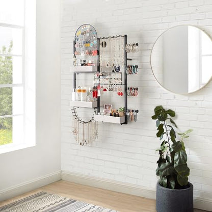 Keebofly Wall Mount Hanging Jewelry Organizer - Large Display Holder for Earrings, Rings, Necklaces, Bracelets, Watches and Perfume - White - color: White