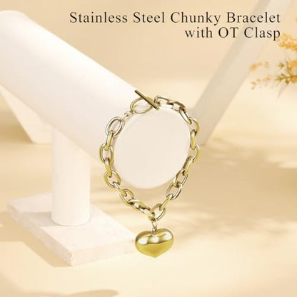 Emibele Heart Charm Bracelet for Women, Bible Verse Bracelet Stainless Steel 18K Gold Plated Bracelet Love Pendant Link Chain OT Clasp, Birthday Christmas Jewelry Gift for Mother Her - color: B Gold