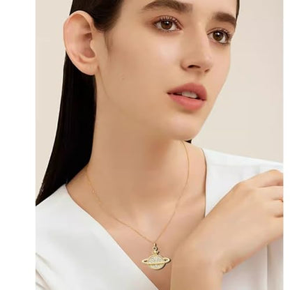 Planet Necklace for Women Gold-Plated Adorned with Saturn Earth Moon and Star Pendants Paired with a Medallion Pendant and Paperclip Chain Choker Adjustable Chain Length Jewelry Gift for Birthdays Dances and Parties - style: CZ Planet
