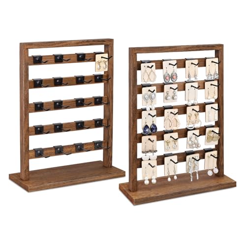 Ikee Design 2pcs Wood Jewelry Earring Display Rack 20 Removable Metal Hooks | Wooden 5 Tiers Jewelry Display Rack with Hooks: Comes with 20 removable metal hooks for earrings, earring cards, bracelets. - color: 9) Brown, 2 Pieces
