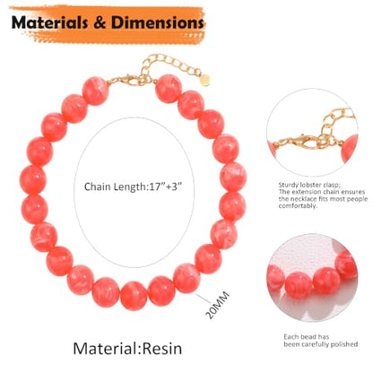 Chunky Necklaces for Women Trendy 20MM Large Resin Beaded Necklace Bold Statement Chunky Choker Necklace Boho Beads Summer Beach Jewelry - color: Orange - red