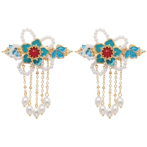 A Pair Wedding Hair Clips, Handmade Floral Design Crystal Hair Clips Pearl Barrettes, Rhinestones Flower Clips Pearl Headpieces Hair Pins Hair Accessories for Women Girls (Blue&White Flower) - color: Blue&White Flower