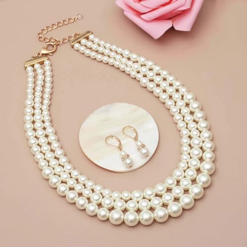 S SUSANN Costume Layered Twisted Gold Pearl Necklace Choker Chunky Glass Statement Pearl Necklace and Earring set, good gift for women Faux pearl necklace set - style: Big pearl collar necklace