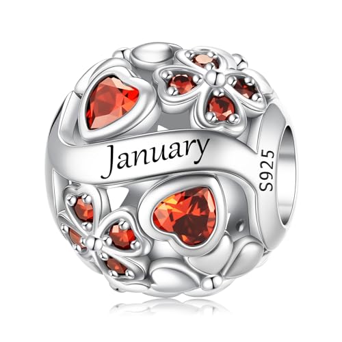 HappyStar 925 Sterling Silver Four Leaf Clover Bead Charm with Cubic Zirconia Birthstone Charms for Bracelets Dangle Pendant Compatible Pandora Bracelets Lucky Charm Birthday Gift - color: 1-January Birthstone Bead