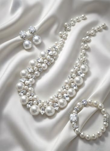 Pearl Necklace Set - Faux Pearl Earrings and Bracelets Jewelry Set for Women Wedding Bridal Shower Tea Party Accessories - style: 3pcs-silver