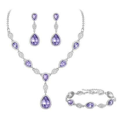 EleQueen Women's Wedding Bridal Jewelry Sets for Brides Bridesmaids, Cubic Zirconia Teardrop Necklace Tennis Bracelet Dangle Earrings Jewellery Set - color: Light Purple Silver-Tone