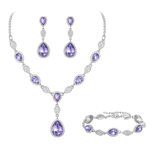 EleQueen Women's Wedding Bridal Jewelry Sets for Brides Bridesmaids, Cubic Zirconia Teardrop Necklace Tennis Bracelet Dangle Earrings Jewellery Set - color: Light Purple Silver-Tone
