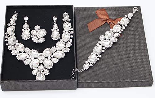 Women's Wedding Bridal Austrian Crystal Glass Teardrop Statement Necklace Dangle Earrings Bracelet Ring Wedding Party Jewelry Set for Bridal Bridesmaid - color: White-Platinum Plated