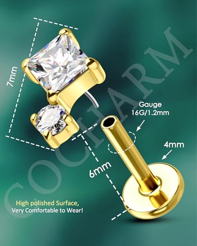 COCHARM 16G Threadless Labret Stud Earrings Flat Back Helix, Tragus, Cartilage,Conch Piercing Jewelry Square CZ Push Pin Lobe Stud 6mm 8mm 316L Steel Silver, Gold - color: Gold, size: 1.2x6mm