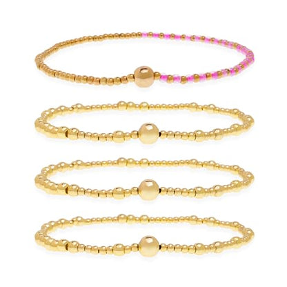 Gold Beaded Stackable Friendship Bracelets Set for Women, Handmade Boho Stretch Summer Jewelry Gift. - color: gold fuchsia